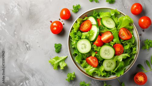 Salad, Crisp greens tossed with ripe tomatoes and crunchy cucumbers, presented on a bright and refreshing garden-inspired background, flat lay