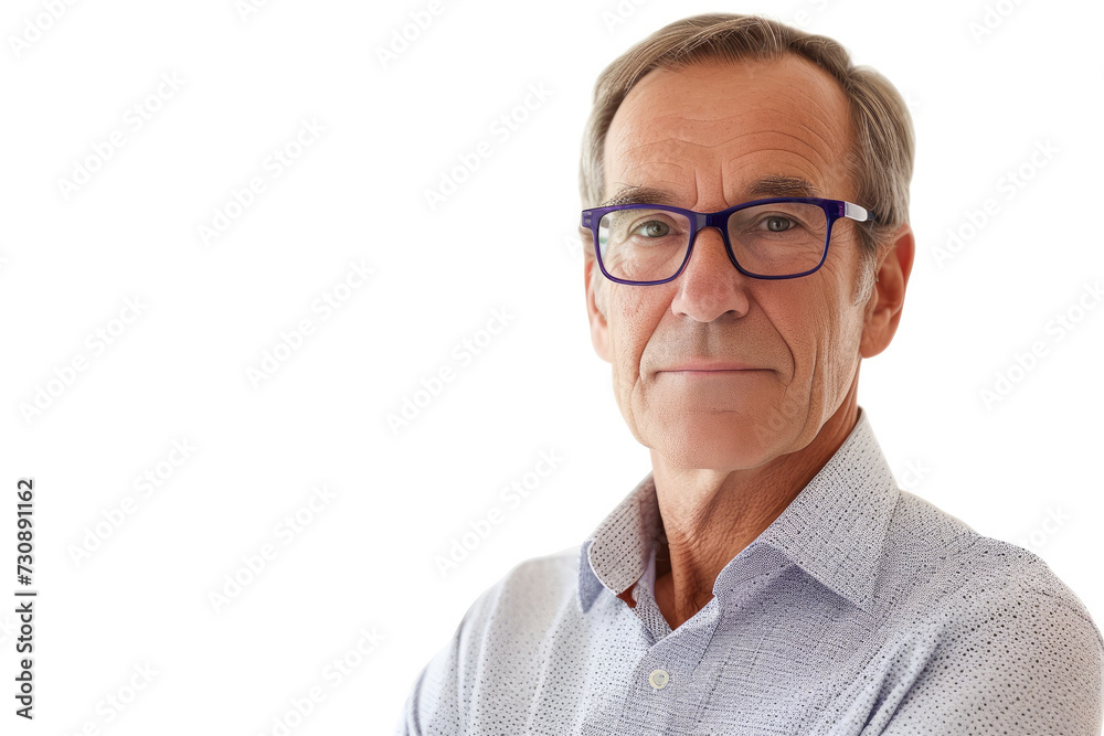 Senior Gentleman with Glasses and Casual Blue Shirt on a Plain White Background Copy Space