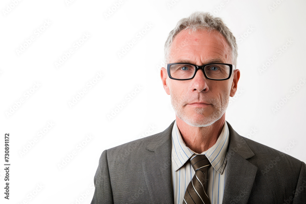 Professional Mature Businessman with Glasses and Grey Hair on a Plain White Background Copy Space