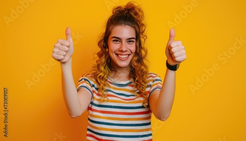 satisfied good mood funny woman, two hands showing thumbs up