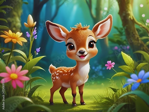 Closeup of Smiling Baby Deer in Flowered Jungle, Cute baby deer in the fairyland forest full of  flora and grass,  Nursery Decorations, Cute beautiful baby animals for kids room decorations © Art by H