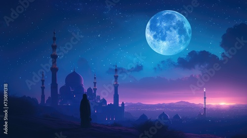 Peaceful Ramadan Night Mosque in Moonlit Sky with Midnight Blue Serenity