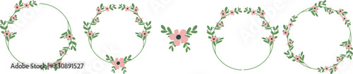Round floral frame, floral crown, set, design element.