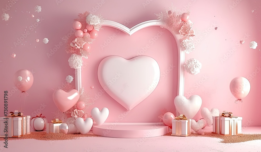 Charming pink podium set for Valentine Day celebration adorned with heart shaped balloons and thoughtful gifts creating backdrop full of love and romance festive setting captures essence of holiday