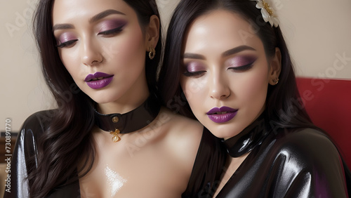 Medium closeup shot of two women, close to each other, hugging, almost cuddling, lots of purple makeup, purple lipstick & eye shadows, AI lesbian LGBT characters, shiny glossy clothes, closed eyes