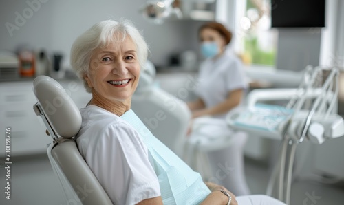 Satisfied senior woman at dentist s office