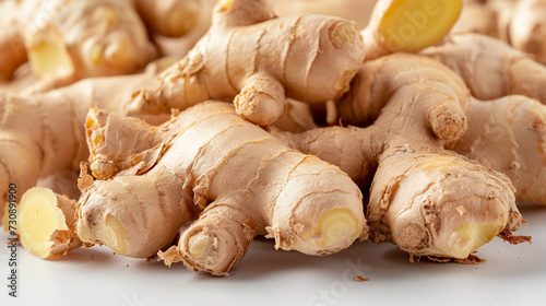 The Close Up Photo of Fresh Ginger Roots Piled, Highlighting Their Textured Skin Isolated on White Background, Ideal For Health And Culinary Use. 