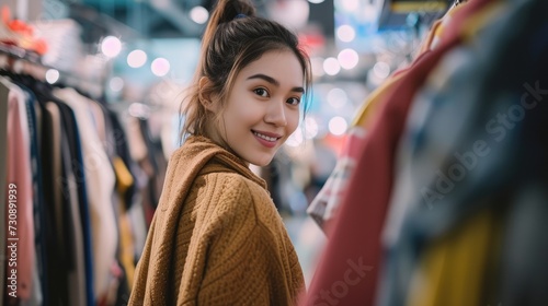 cheerful pretty young woman buyer choosing clothes from rack in clothing store