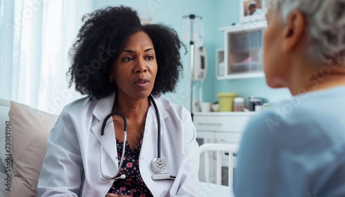 Black woman doctor sitting in hospital room closely listening to senior female patient  photo