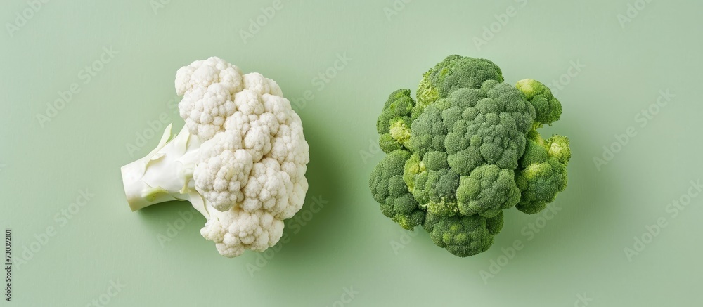 Isolated broccoli or cauliflower on green background, no shadow, healthy cooking ingredients. Isolated broccoli or cauliflower on green background, no shadow, healthy cooking ingredients.