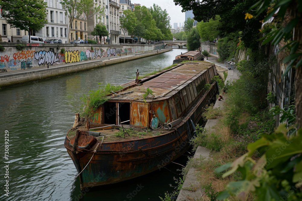 An old boat in the city canal on the water