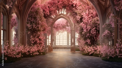 Portal of Blooms: A Majestic Archway Adorned With Blushing Blossoms. Generative AI. © nataliya_ua