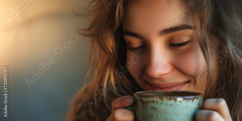Beautiful woman smiling and hold a mug of hot drink coffee or tea with morning light cozy feeling on a winterday