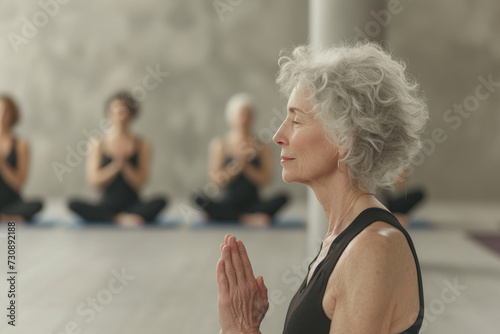 An elderly woman with lcurly gray hair practices meditation in a yoga class.