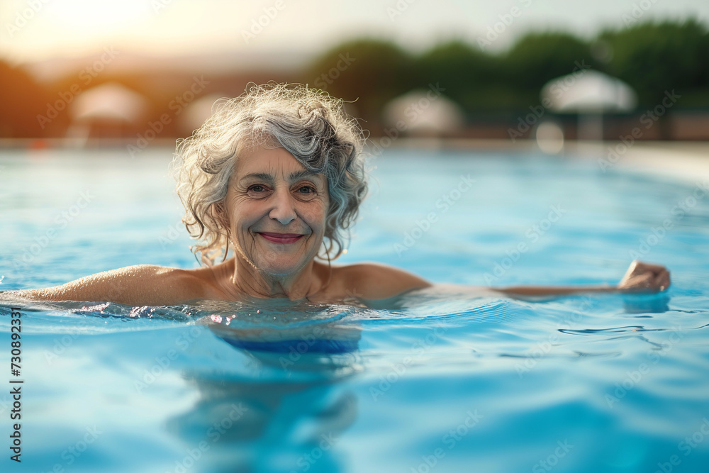 Happy senior woman with gray curly hair swimming in the pool with blue water.