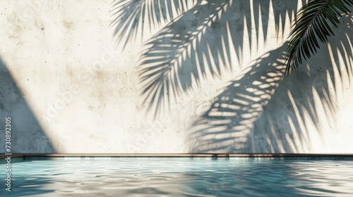 Tropical summer background with concrete wall, pool water and palm leaf shadow