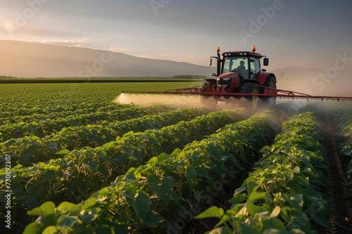spraying pesticides in soybean field during springtime