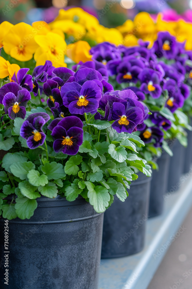 Delicate purple and yellow pansy in a black pots in the flower shop.