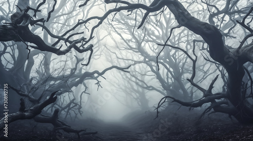 Horror fantasy mystical foggy forest, where ancient trees reach