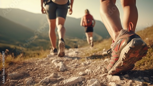 close-up of the legs of men and women in sports shoes for sports and travel walking along a forest path in the mountains in summer. perspective with an emphasis on hiking shoes. active lifestyle photo