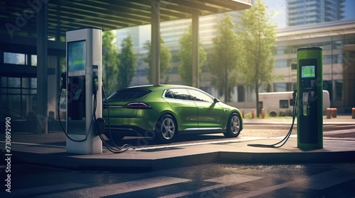 Electric car and charging station. Charging technology industry transport
