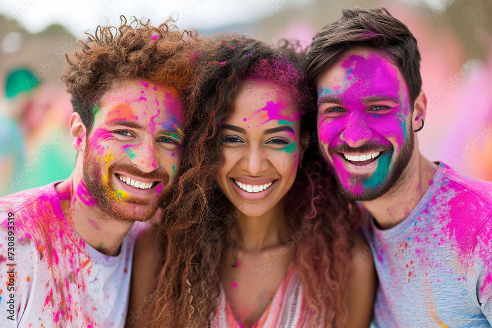 A girl with long curly hair and two guys with magenta powder on their faces celebrate the festival of Holi. A girl with long curly hair and two guys with magenta powder on their faces celebrate the festival of Holi.