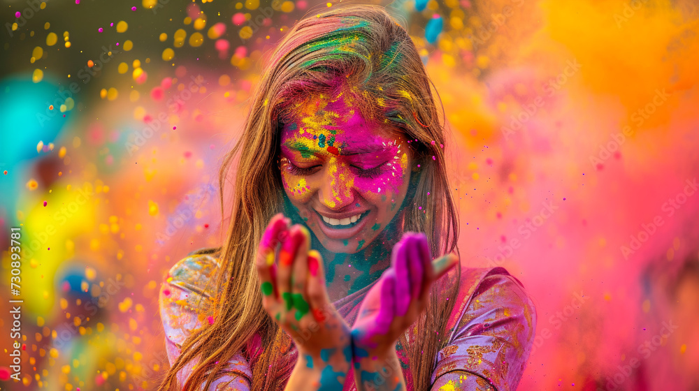Happy young girl with long blond hair covered in vibrant colored powder at the Holi festival.