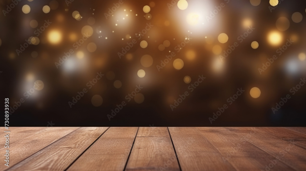 Wooden Table with Blurred Lights