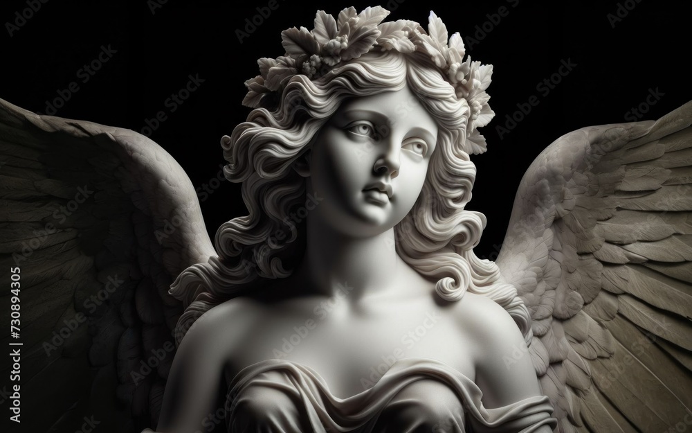 Angel sculpture. Black and white image of ancient statue