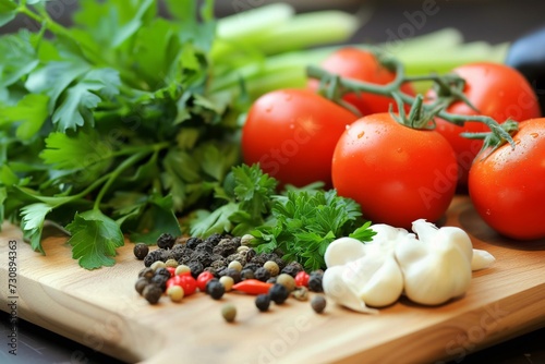 Fresh Ingredients for Healthy Cooking: Ripe Tomatoes, Crisp Celery, Fragrant Parsley, and Spicy Peppercorns on a Cutting Board