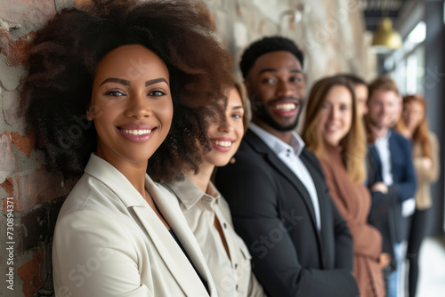 Confident Diverse Professionals Standing Against Brick Wall