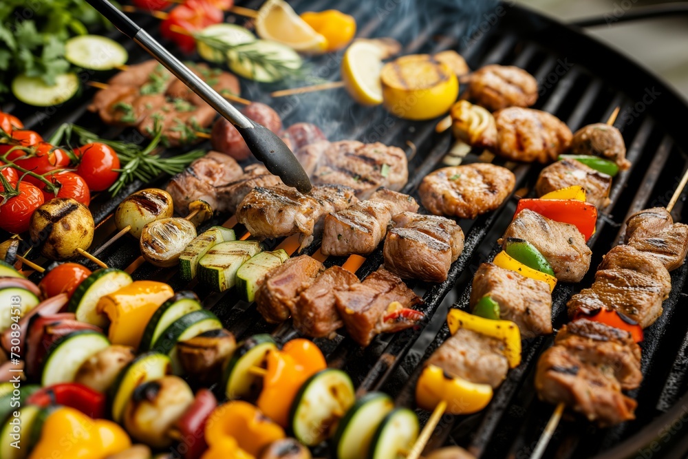 Assorted Delicious Grilled Skewers with Vegetables and Meat, Ideal for Food Blogs, Menus, and Recipe Visuals
