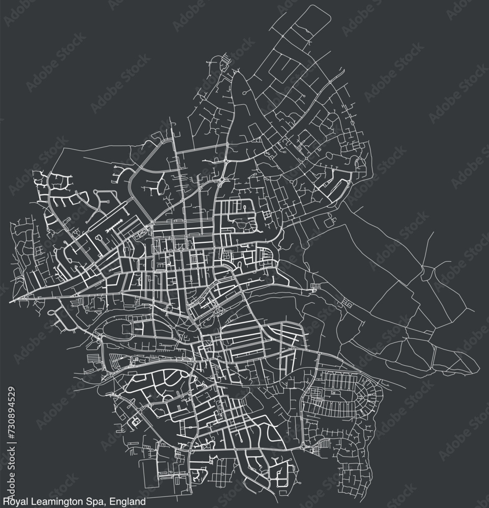 Detailed hand-drawn navigational urban street roads map of the United Kingdom city township of ROYAL LEAMINGTON SPA, ENGLAND with vivid road lines and name tag on solid background