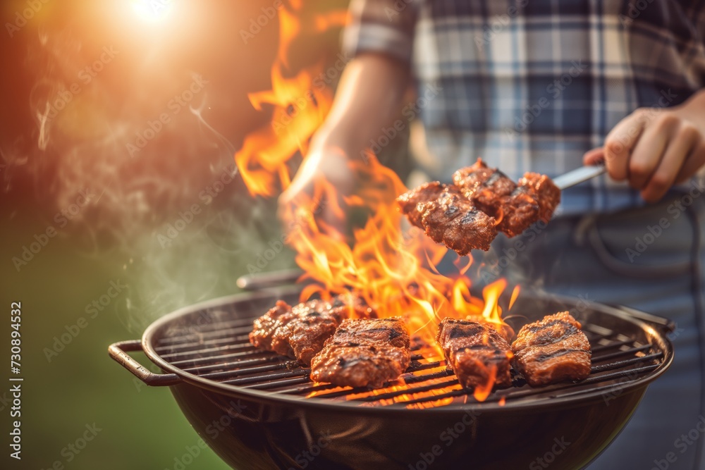 Juicy Steaks Sizzling on an Open Flame Grill, Perfect Imagery for BBQ ...