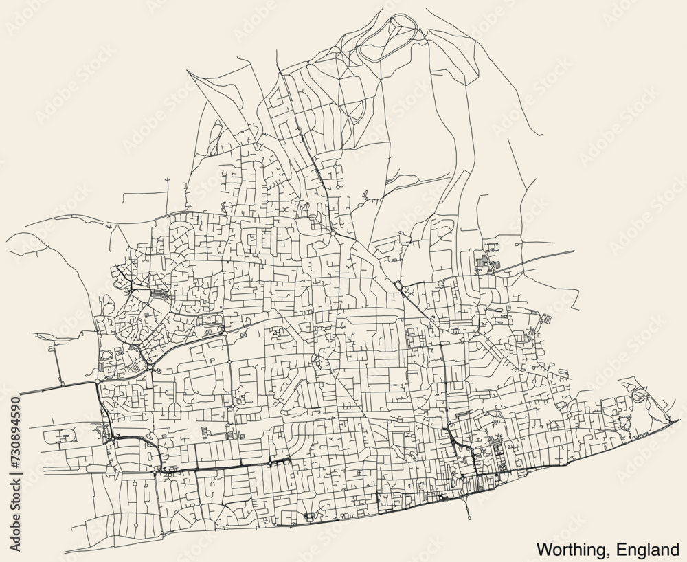 Fototapeta premium Detailed hand-drawn navigational urban street roads map of the United Kingdom city township of WORTHING, ENGLAND with vivid road lines and name tag on solid background