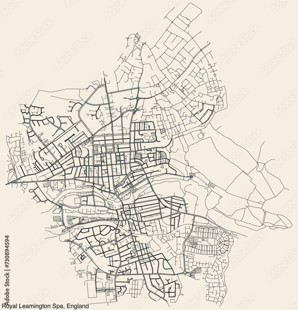Detailed hand-drawn navigational urban street roads map of the United Kingdom city township of ROYAL LEAMINGTON SPA, ENGLAND with vivid road lines and name tag on solid background