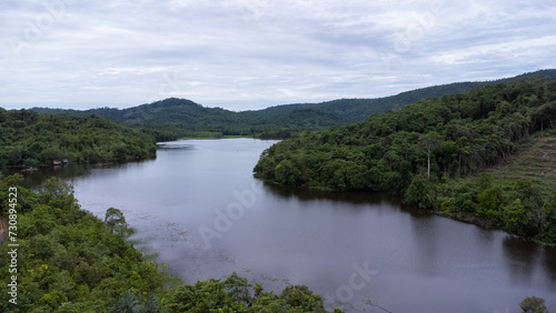 Aerial view of the lake in the mountainous area of South Kalimantan located in Sungai Dua village