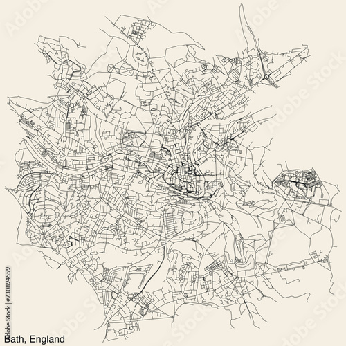 Detailed hand-drawn navigational urban street roads map of the United Kingdom city township of BATH, ENGLAND with vivid road lines and name tag on solid background