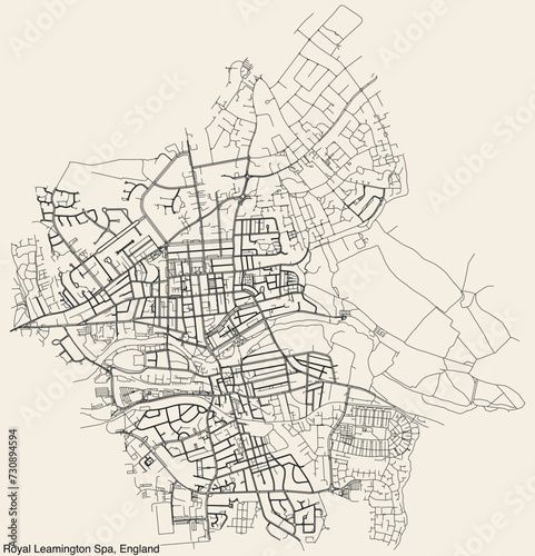Detailed hand-drawn navigational urban street roads map of the United Kingdom city township of ROYAL LEAMINGTON SPA, ENGLAND with vivid road lines and name tag on solid background