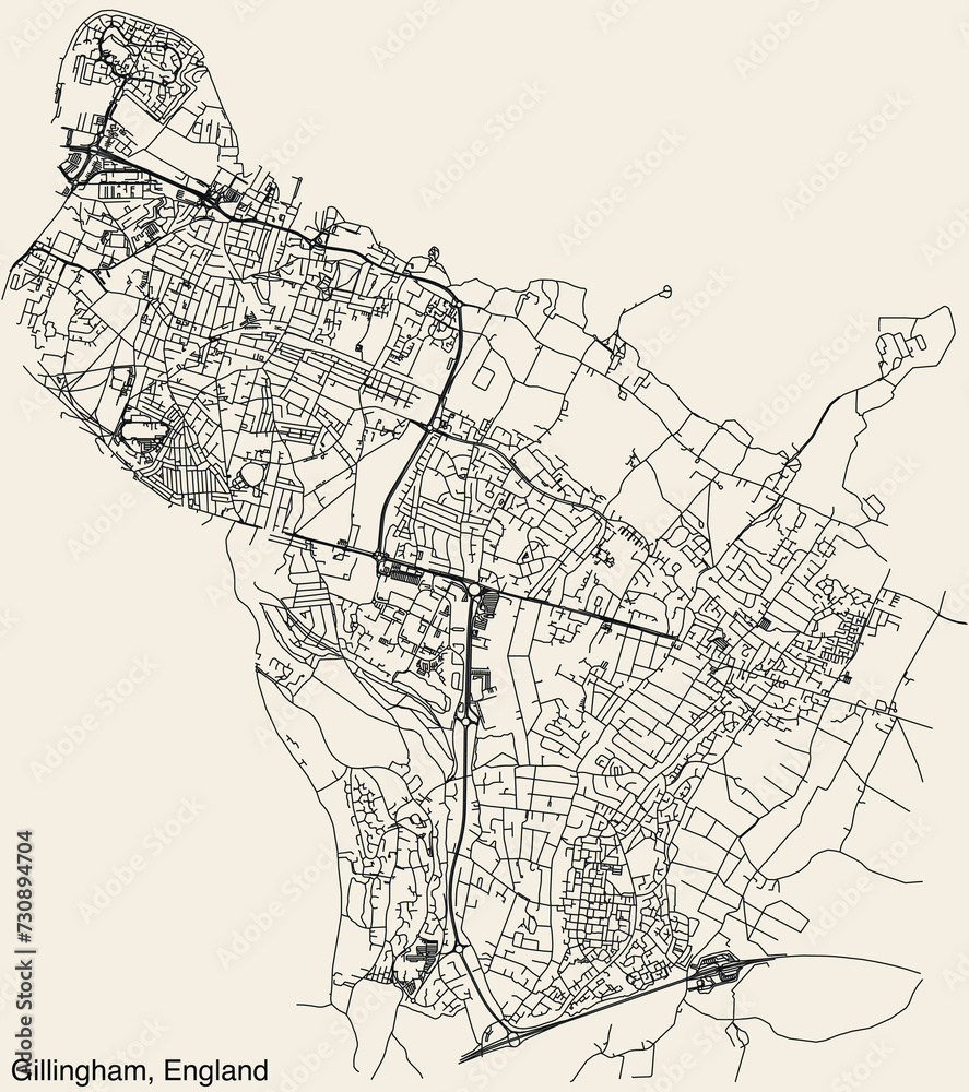 Naklejka premium Detailed hand-drawn navigational urban street roads map of the United Kingdom city township of GILLINGHAM, ENGLAND with vivid road lines and name tag on solid background