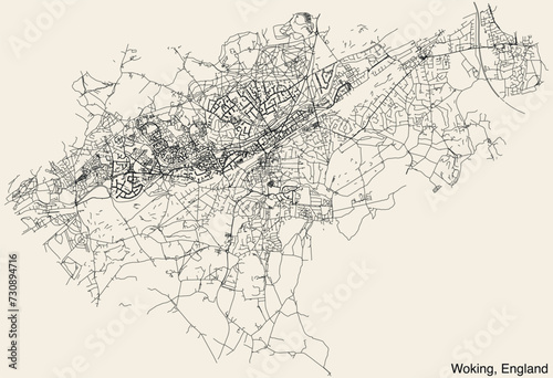 Detailed hand-drawn navigational urban street roads map of the United Kingdom city township of WOKING, ENGLAND with vivid road lines and name tag on solid background
