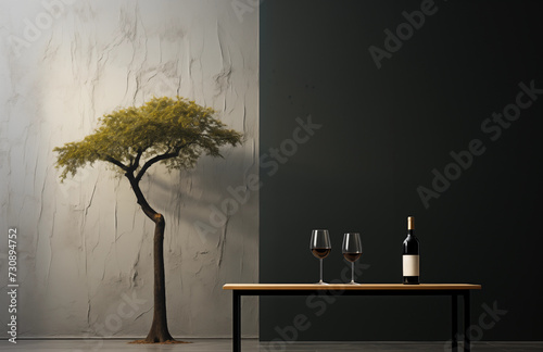 Two wine glasses and a bottle rest on a sleek table against an artistic backdrop featuring a lone tree on a textured wall, blending nature with modern design.
