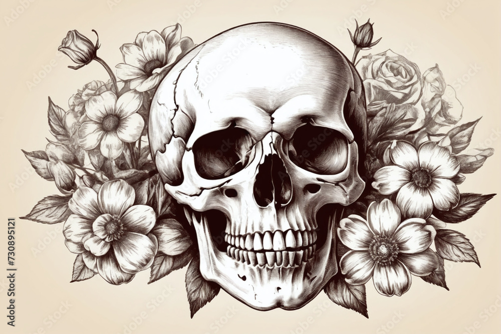 Fototapeta premium Human skull with flowers. Hand drawn vintage, sketch vintage illustration