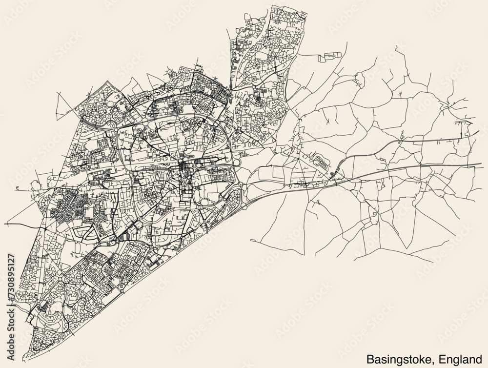 Detailed hand-drawn navigational urban street roads map of the United Kingdom city township of BASINGSTOKE, ENGLAND with vivid road lines and name tag on solid background