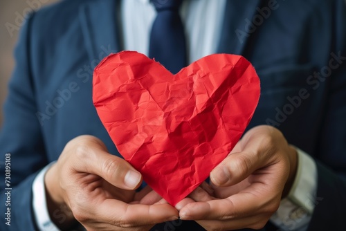Businessman Holding a Crumpled Red Paper Heart  Metaphor for Care in Business  Emotional Intelligence  and Corporate Empathy