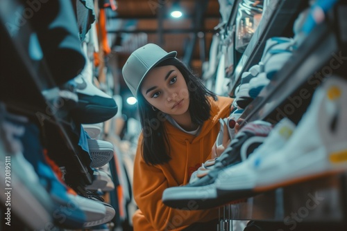 Girl chooses shoes, sneakers in a clothing store photo