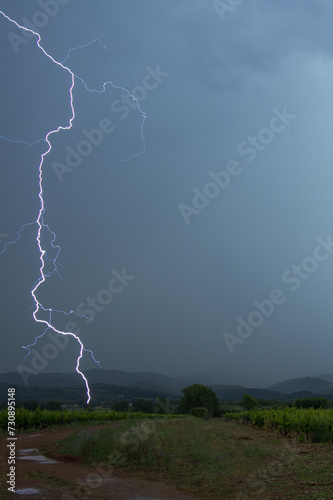 Thunderstorm with lighting over the vineyard of Pierrefeu du var, France