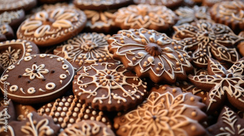Variety of gingerbread cookies with bright patterns and ornaments AI