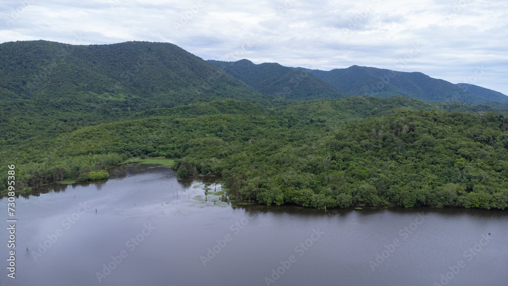 Aerial view of the lake in the mountainous area of South Kalimantan located in Sungai Dua village