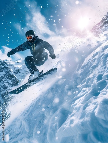 Playing snowboarder launching off in the Swiss Alps